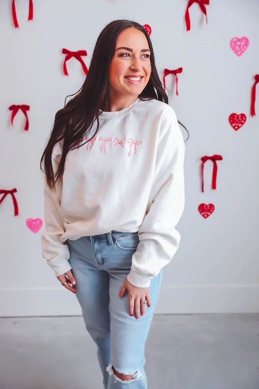 Embroidered Mini Bows Sweatshirt-Cream/Pink