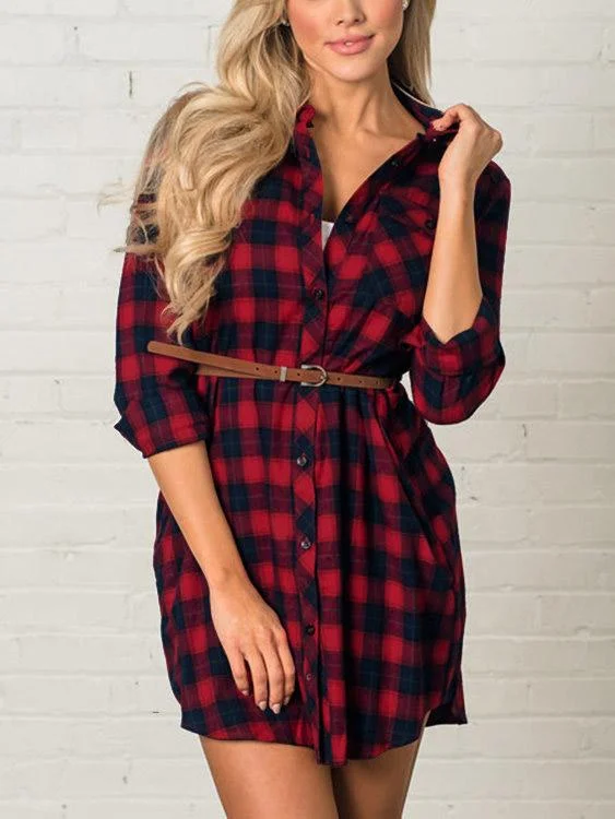 Wholesale Red Classic Collar Long Sleeve Grid Side Pockets Mini Dress