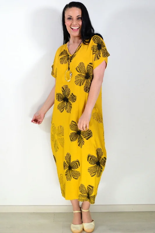 Black Floral Mustard Yellow Dress