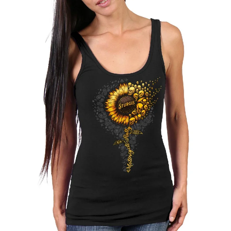 2025 Sturgis Women's Motorcycle Rally Sunflower Skulls Black Ladies Tank Top