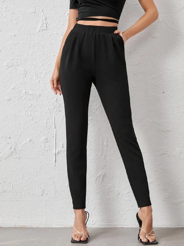 Elegant Plain Pocket High Waist Long Women Pants