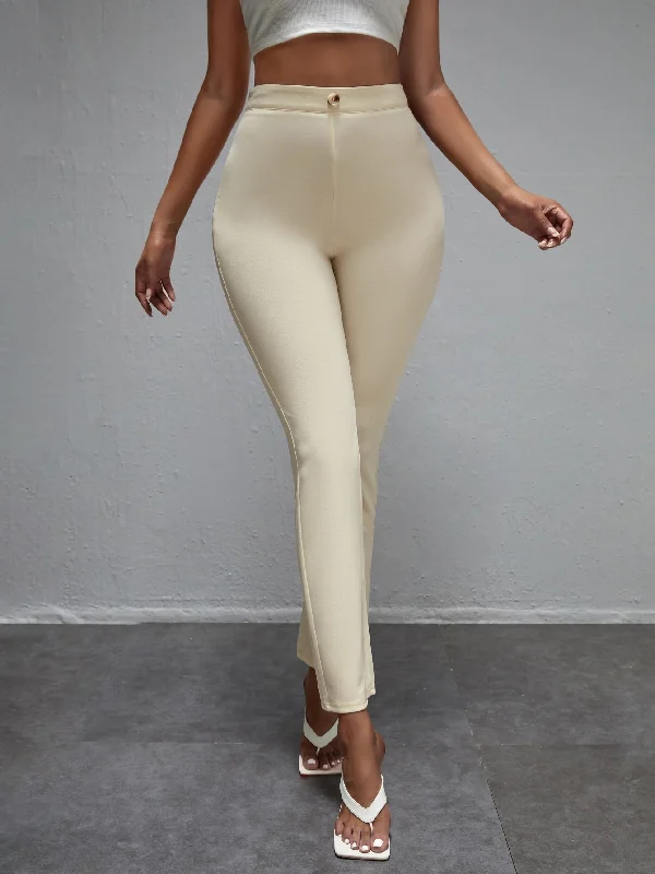 Elegant Plain Button Semi-Sheer High Waist Cropped Women Pants