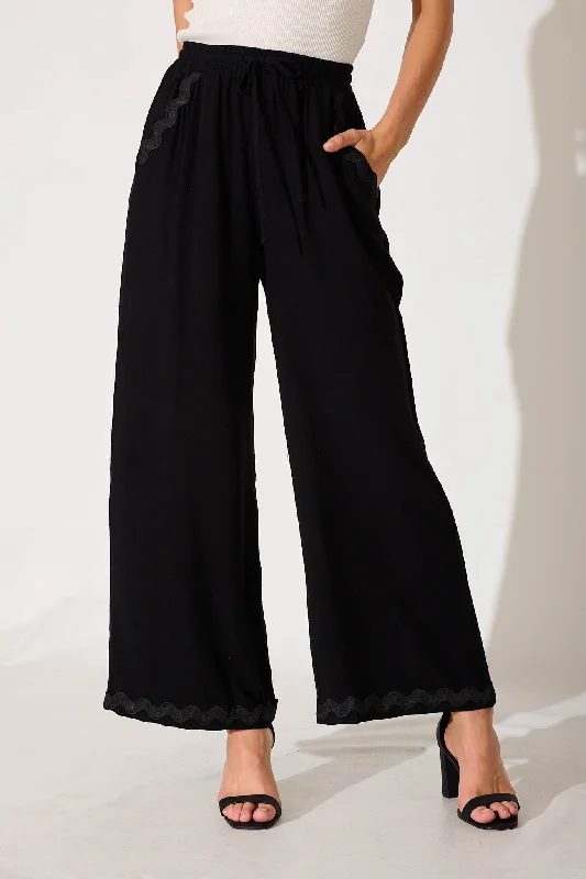 Anya Pant In Black With Ric Rac Trim Linen Blend