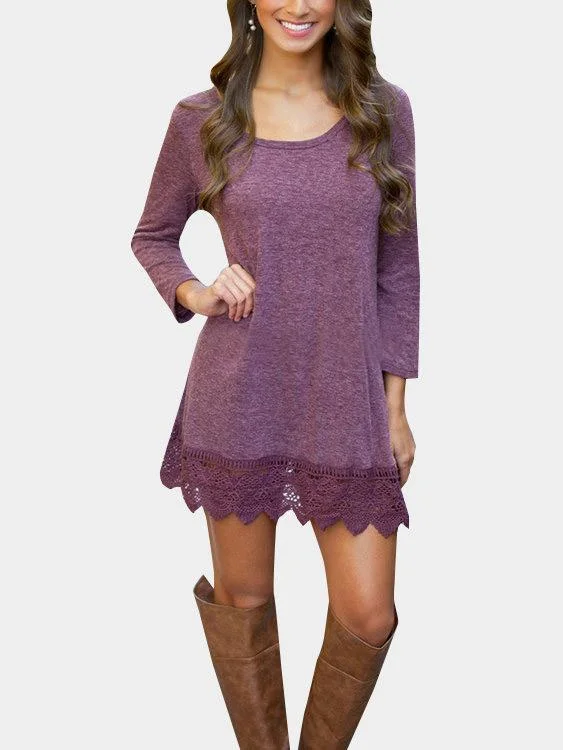 Wholesale Purple Round Neck 3/4 Length Sleeve Lace Mini Dresses