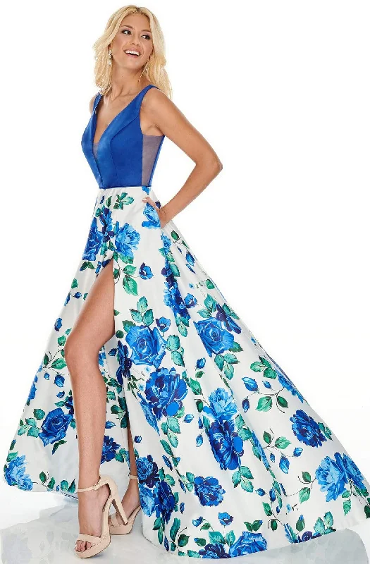 Rachel Allan Prom - 7021 Plunging Neck Floral High Slit Gown