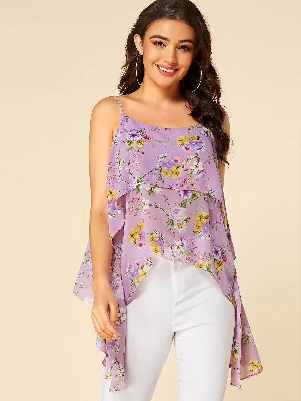 Wholesale Scoop Neck Floral Print Tiered Spaghetti Strap Sleeveless Irregular Hem Purple Camis