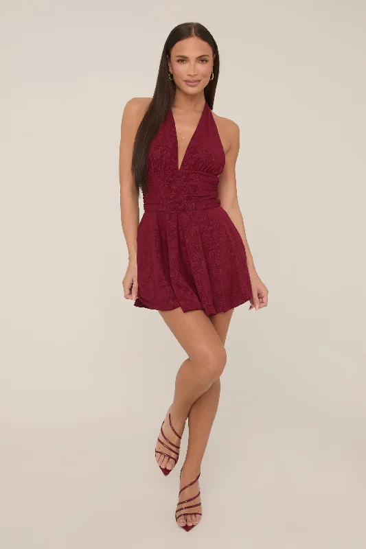 Wine Floral Printed Plunge Halter Mini Dress - Zaynab