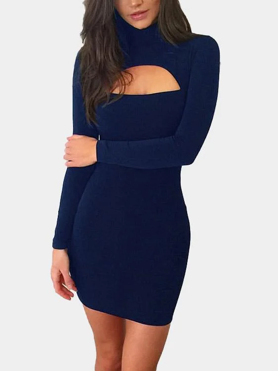 Wholesale Royal High Neck Long Sleeve Plain Cut Out Mini Dress