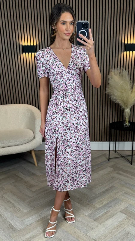 Gemma Purple Floral Printed Belt Detail Midi Dress