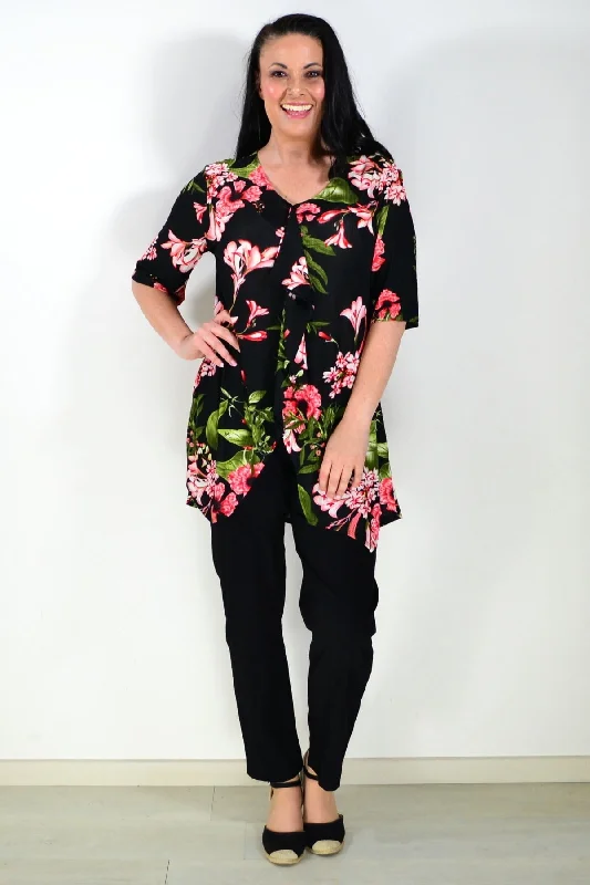 Black Tunic Top Pink Floral Print