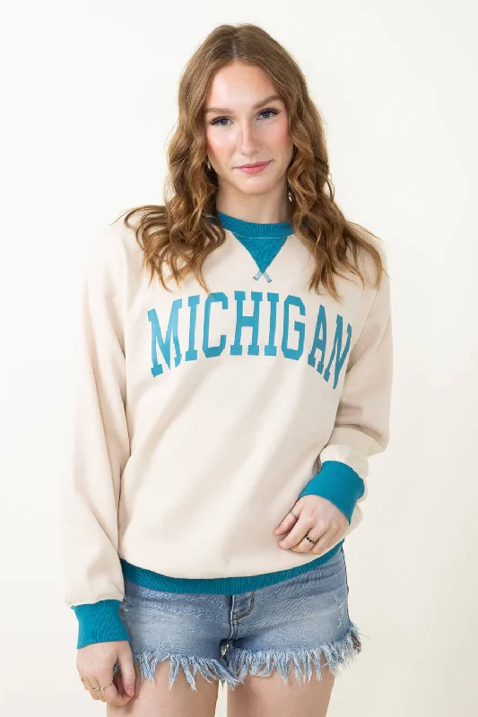 1897 Active Michigan Fleece Sweatshirt for Women in Cream/Blue | GGT086-CREAM