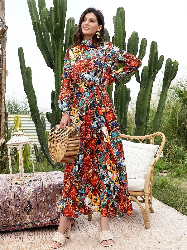 Patchwork Belted Long Sleeve Stand Collar Flared High Waist Long Dress