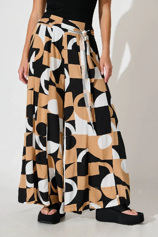 Hayes Pant In Beige With Black And White Geometric Print