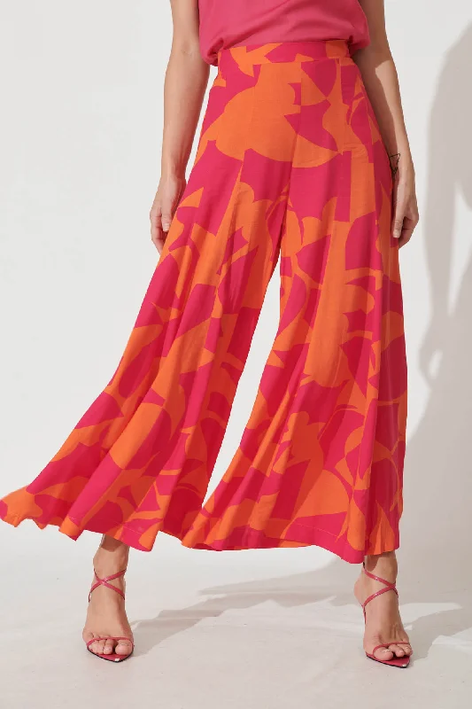 Effenty Pants In Tangerine With Pink Print