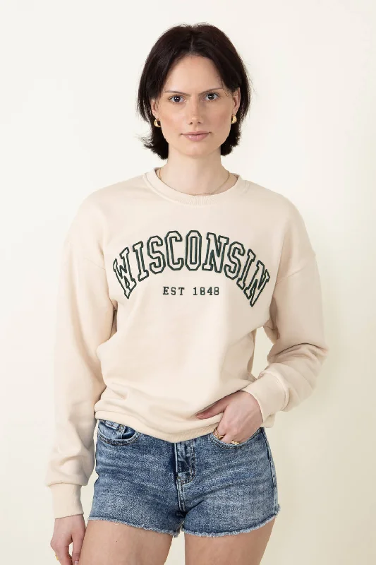 1897 Active Embroidered Wisconsin Fleece Sweatshirt for Women in Cream | GT080-WI-CREAMGREEN