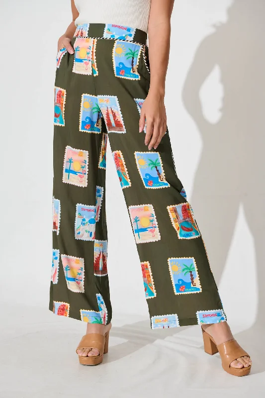 Ellsworth Pant In Khaki With Multi Postcard Print