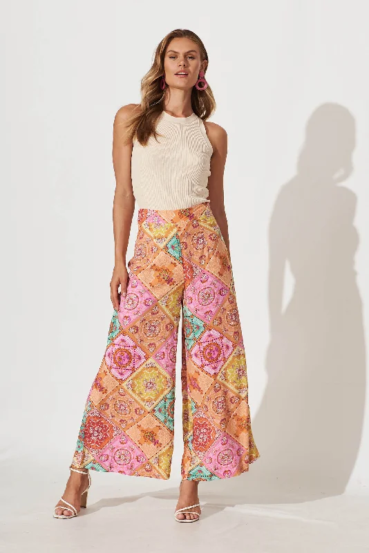 Mahalo Wide Leg Pant In Orange Multi Patchwork Print