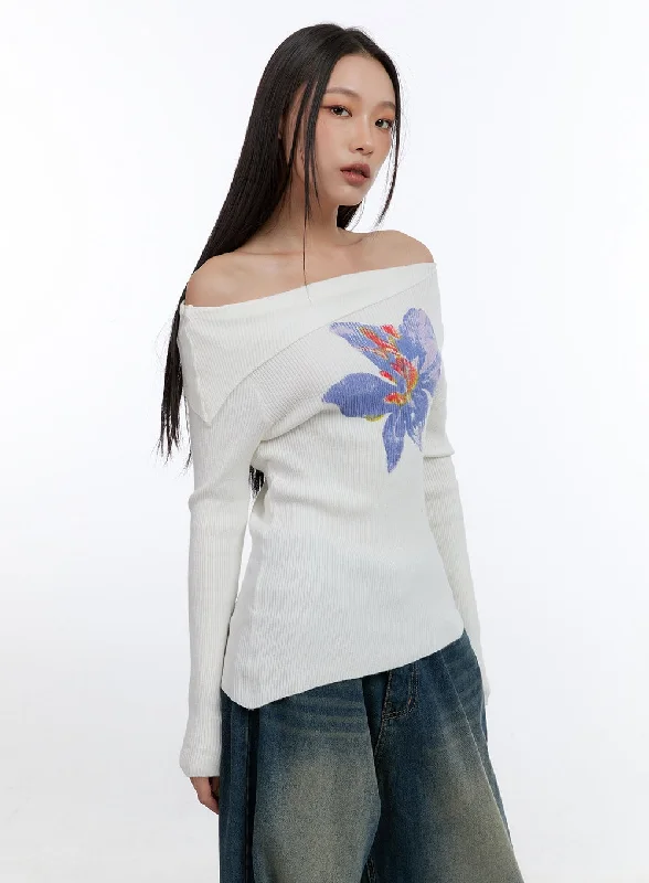 Floral Unbalanced Off-Shoulder Tee CN401