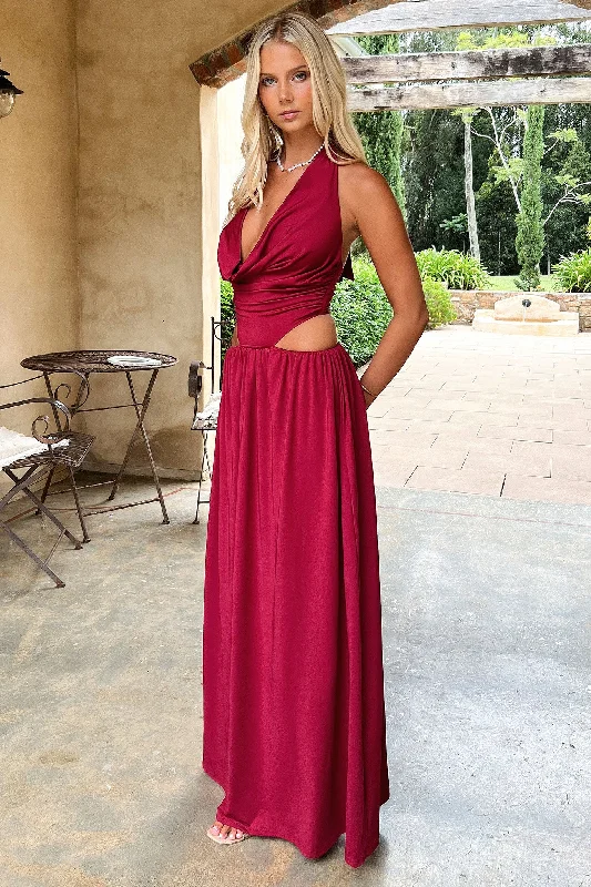 Soraya Plunge Halter Neck Maxi Dress - Burgundy