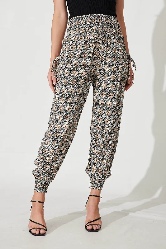 Gabby Lounge Pants In Black With Beige Tile Print