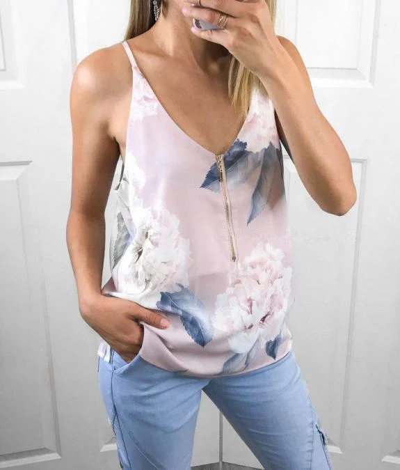 Wholesale V-Neck Floral Print Zip Back Sleeveless Pink Camis