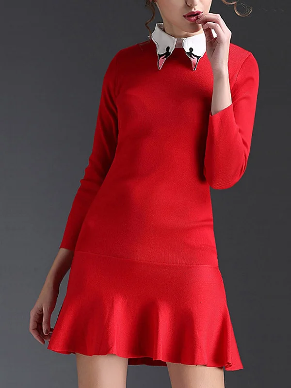 Wholesale Red Long Sleeve Embroidered Plain Flounced Hem Mini Dress