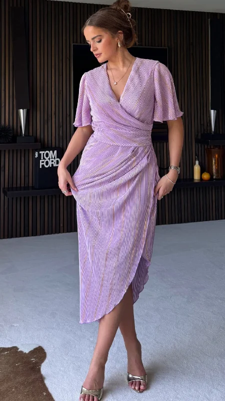 Natalie Lilac Metallic Angel Sleeve Wrap Midi Dress