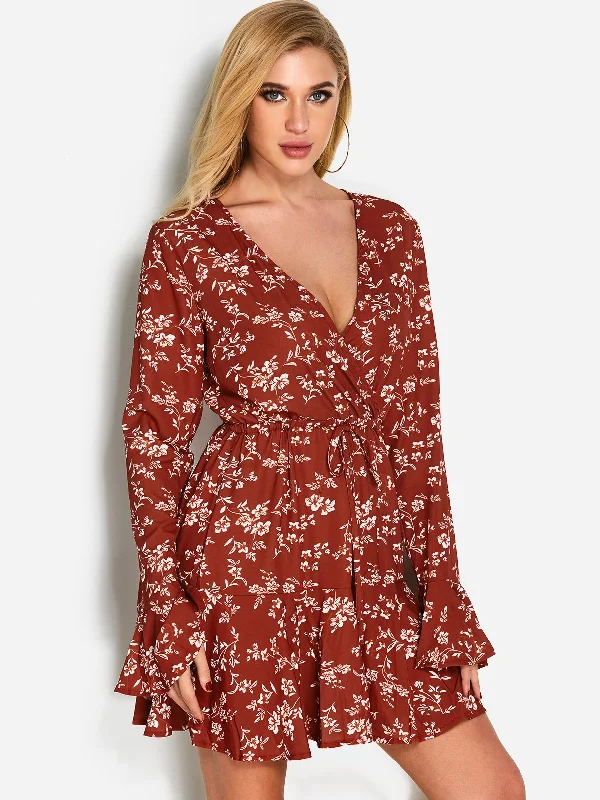 Wholesale Red Deep V Neck Long Sleeve Floral Print Lace-Up Mini Dress