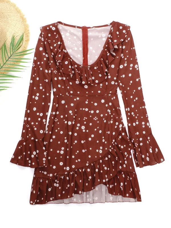 Wholesale Deep V Neck Long Sleeve Printed Pleated Flounced Hem Mini Dress