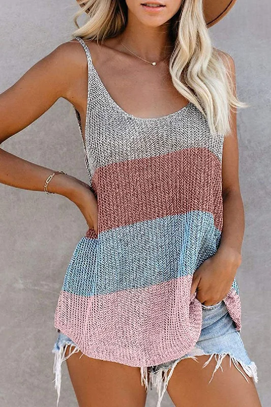 Fashion Street Striped Split Joint U Neck Tops