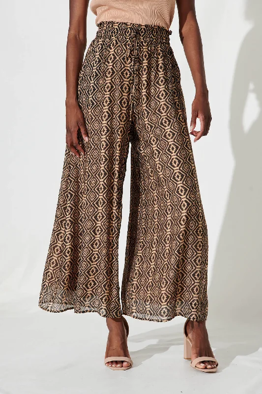 Goldie Wide Leg Pant In Black With Beige Print Cotton Blend