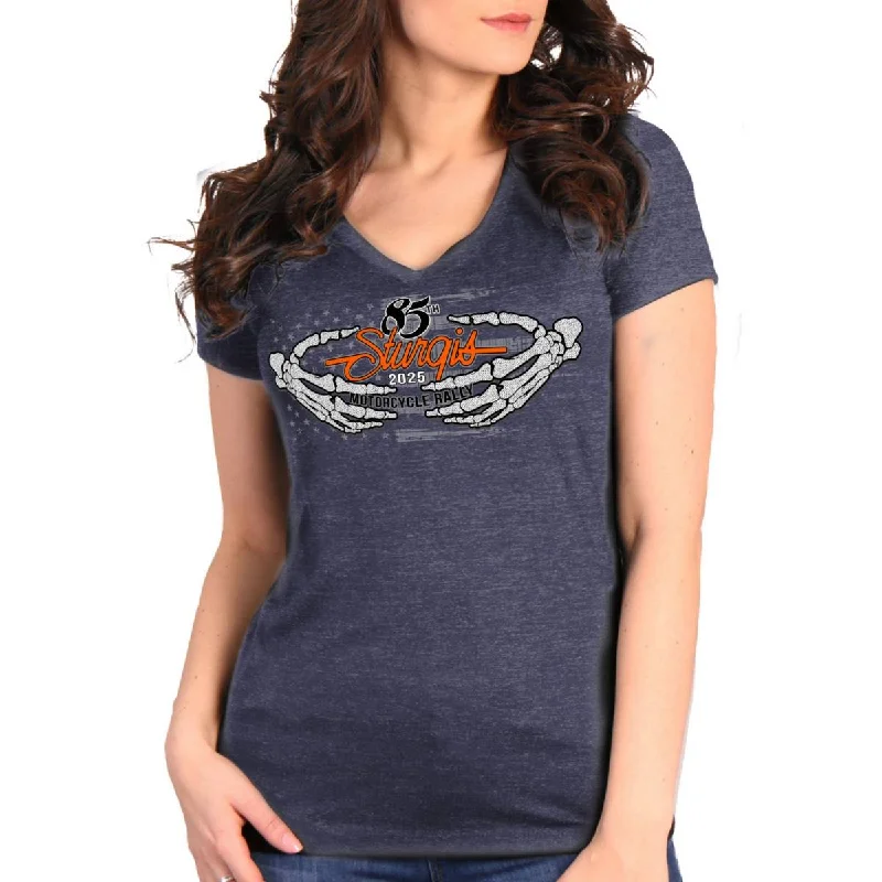 2025 Sturgis Women's Motorcycle Rally Skeleton Hands Navy Ladies T-Shirt