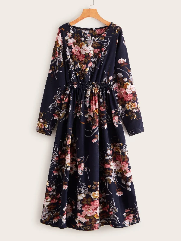 Floral Shirred Long Sleeve Round Neck Flared High Waist Long Dress