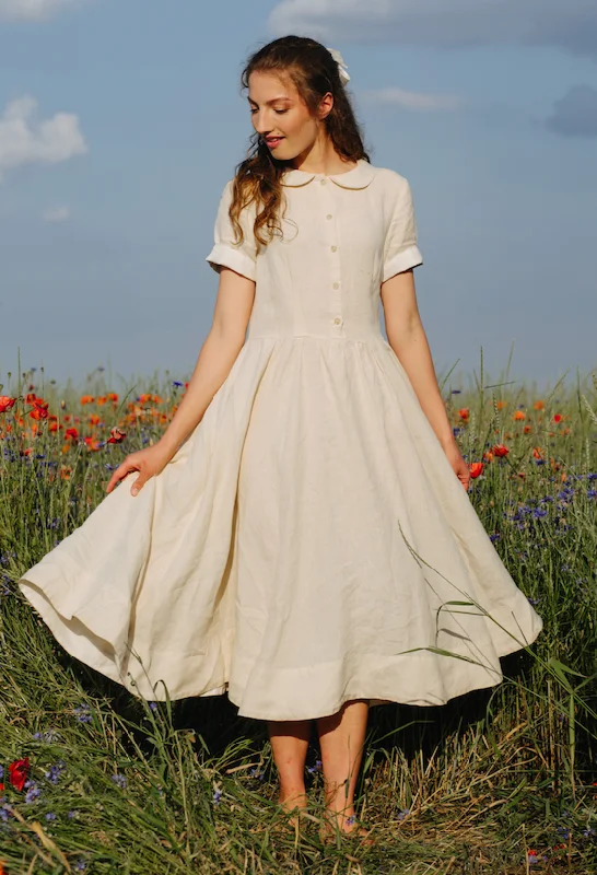 Classic Dress, Short Sleeve, Hemp, Milky White