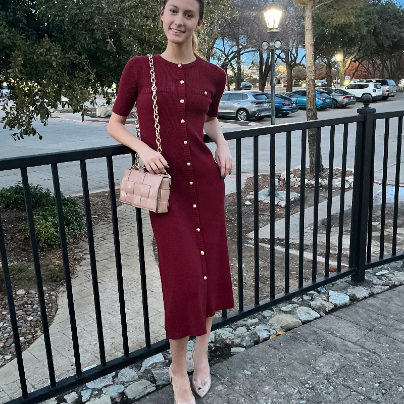 Kissed in Knit Burgundy Sweater Midi Dress