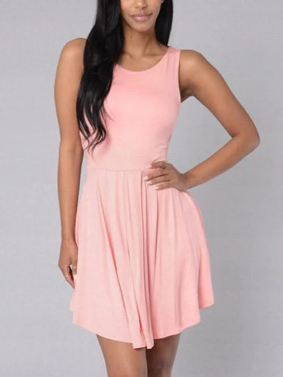 Wholesale Pink Round Neck Sleeveless Backless Flounced Hem Mini Dresses