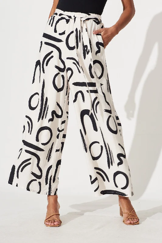 Mackillop Pant In Cream With Black Swirl Print Linen Blend