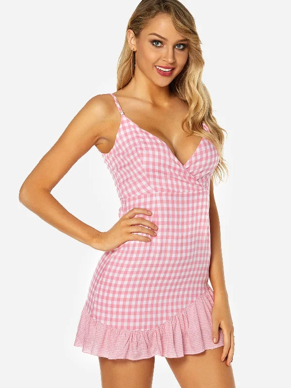 Wholesale Pink V-Neck Sleeveless Grid Zip Back Backless Flounced Hem Mini Dresses