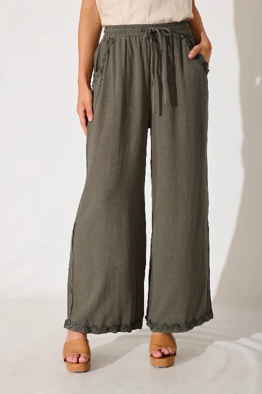 Anya Pant In Khaki With Ric Rac Trim Linen Blend