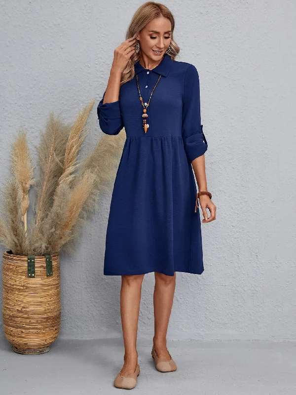 Plain Button Long Sleeve Collar Flared High Waist Knee Length Dress