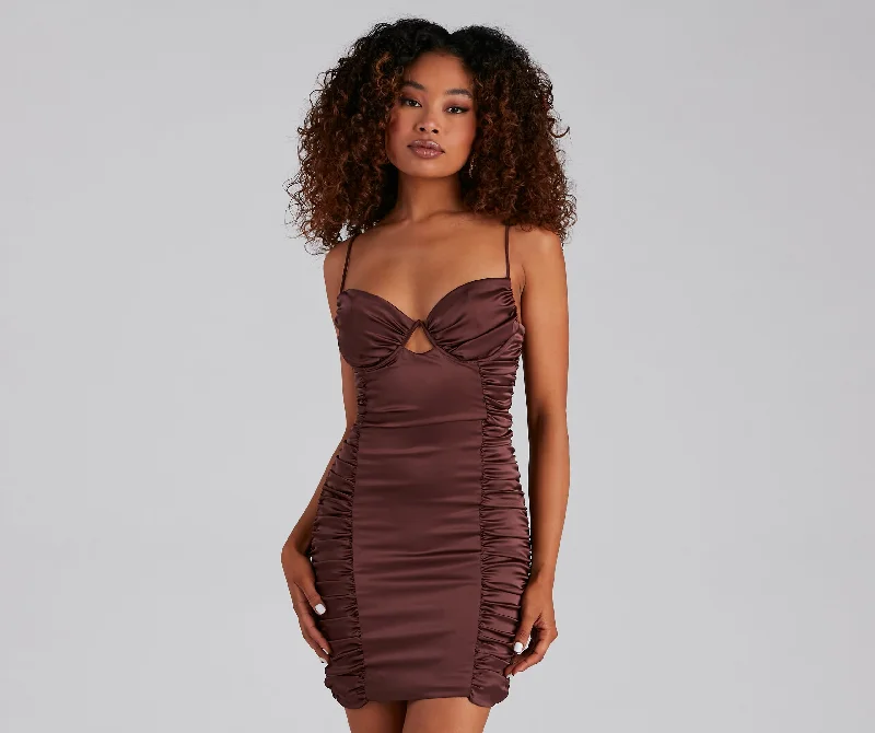 Sparks Fly Ruched Satin Mini Dress