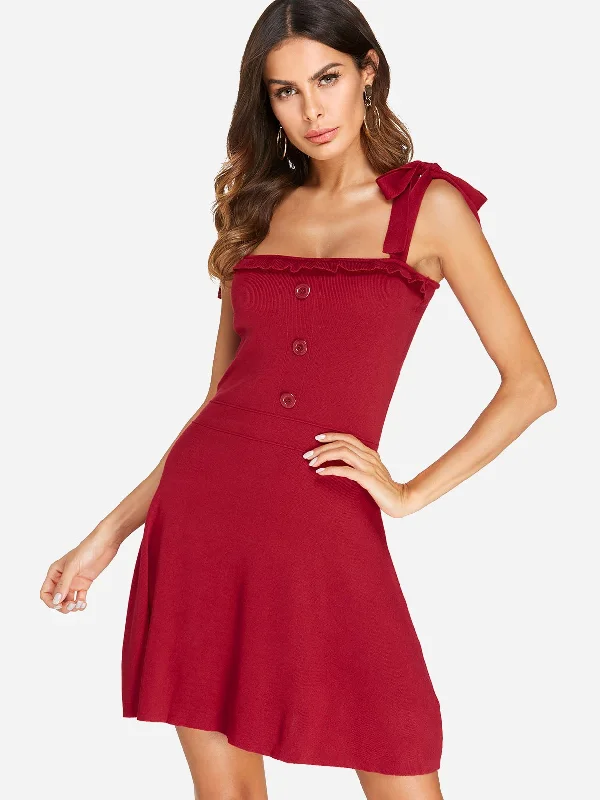 Wholesale Red Square Neck Sleeveless Backless Self-Tie Mini Dress