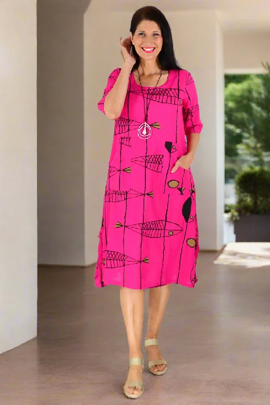 Hot Pink Linen Cotton Print Tunic Dress