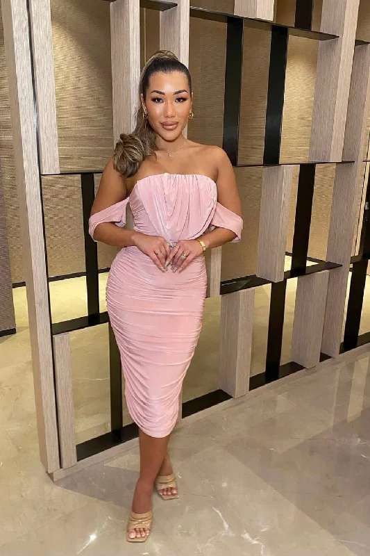 Rosea - Pink Draped Off The Shoulder Slinky Midi Dress