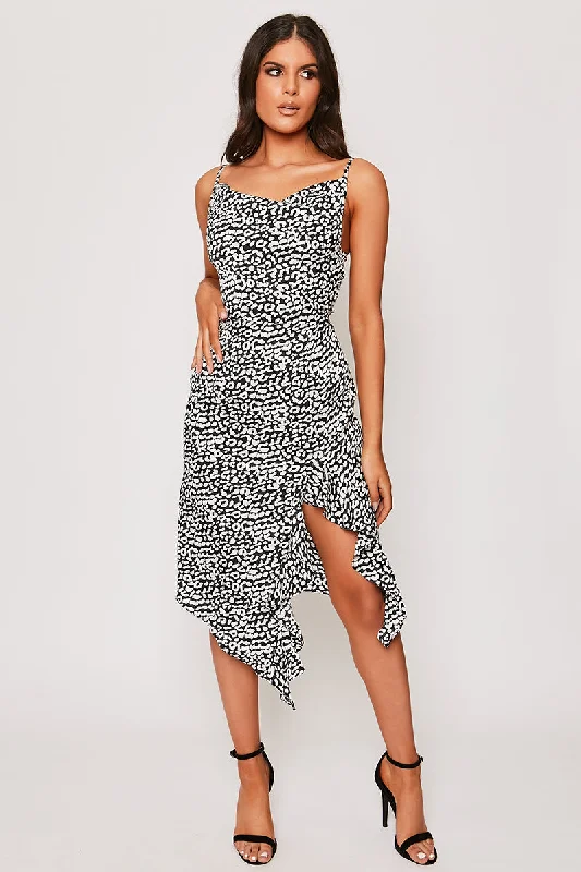 Ollie - Black & White Leopard Print Satin Cowl Neck Midi Dress