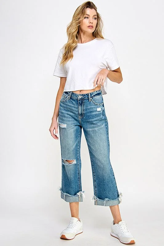 High Rise Distressed Cuffed Jeans