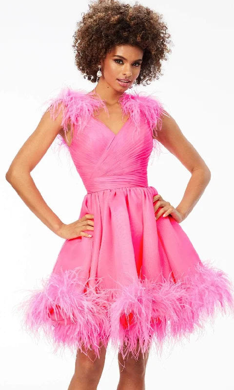 Ashley Lauren 4544 - V-Neck Feathered Cocktail Dress