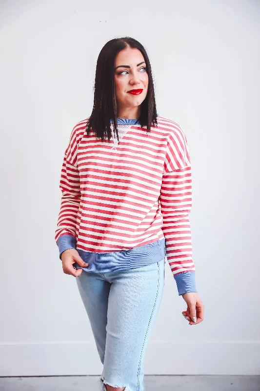 Sabrina Striped Pullover-Dark Coral/Blue