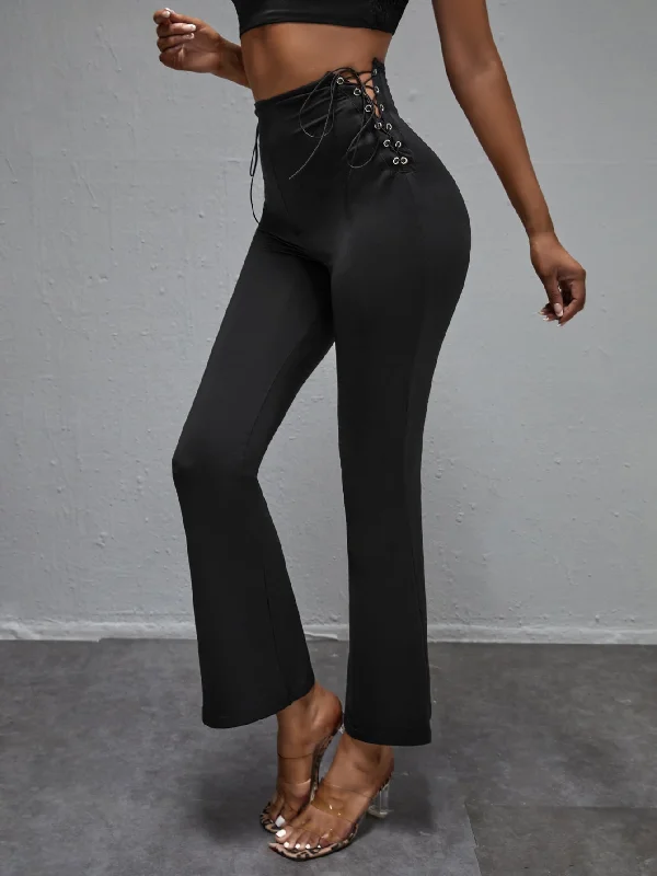 Elegant Plain Grommet Eyelet High Waist Long Women Pants