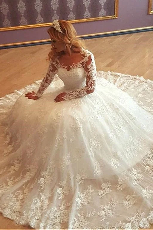 Illusion Lace Long Sleeves Wedding Gown vestido de boda Trendy Women's 
